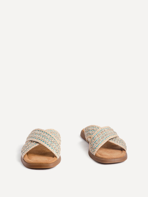 Linzi Blue Embellished Raffia Flat Slider Sandal