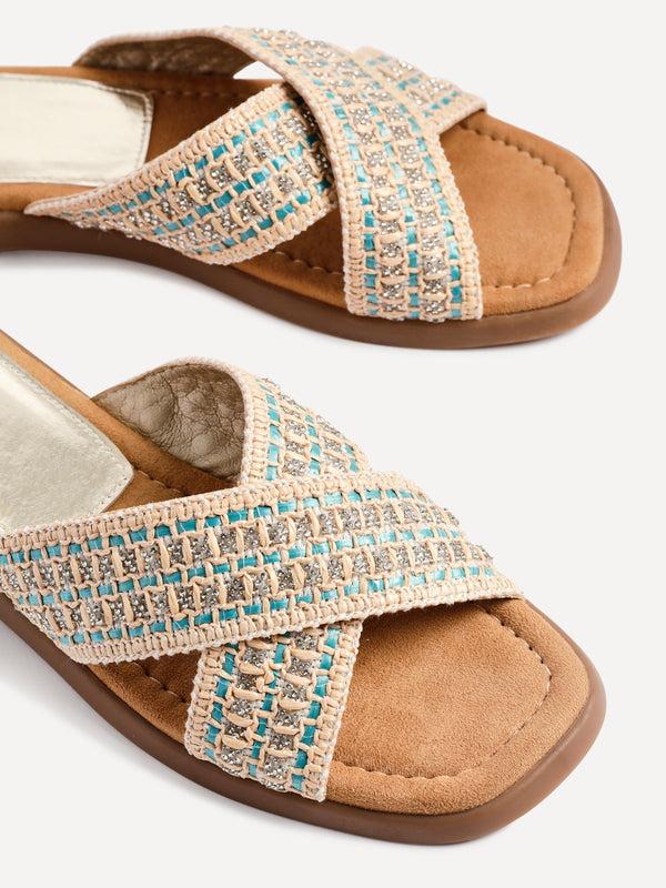 Linzi Blue Embellished Raffia Flat Slider Sandal