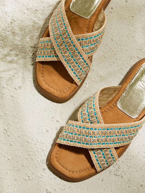 linzi Blue Embellished Raffia Flat Slider Sandal