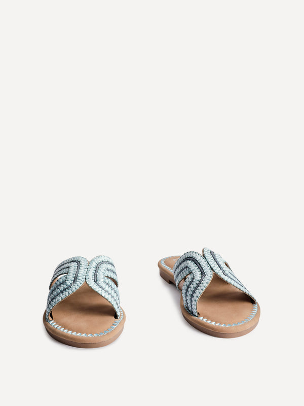 Linzi Blue Raffia Link Design Flat Slider Sandal