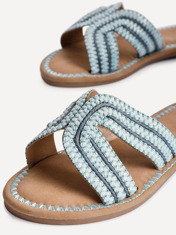 Linzi Blue Raffia Link Design Flat Slider Sandal