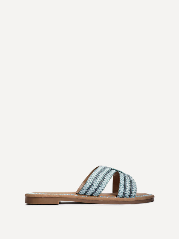 Linzi Blue Raffia Link Design Flat Slider Sandal