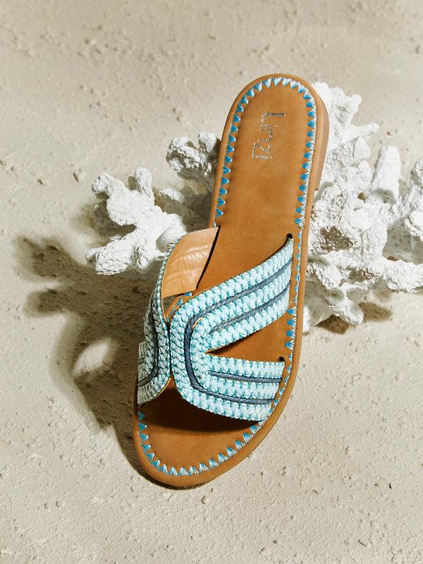 linzi Blue Raffia Link Design Flat Slider Sandal
