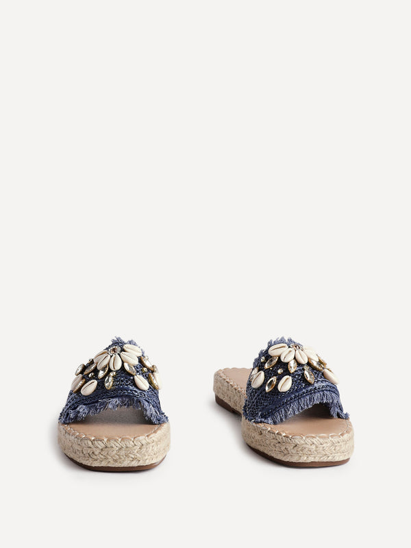 Linzi Blue Raffia Shell Embellished Flat Slider
