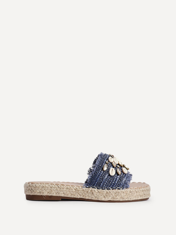 Linzi Blue Raffia Shell Embellished Flat Slider
