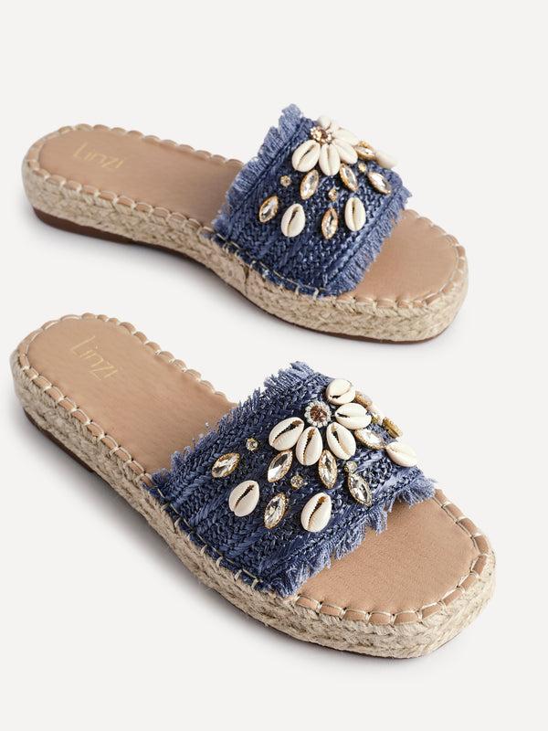 Linzi Blue Raffia Shell Embellished Flat Slider