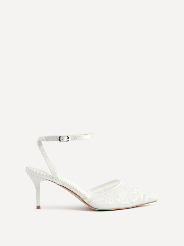 Linzi Bridal Ivory Satin Beaded Mesh Court Heels