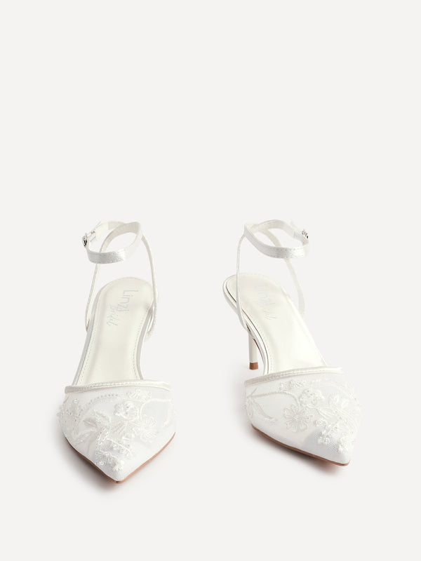 Linzi Bridal Ivory Satin Beaded Mesh Court Heels