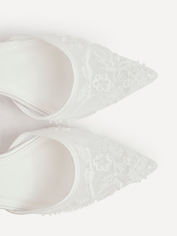 Linzi Bridal Ivory Satin Beaded Mesh Court Heels