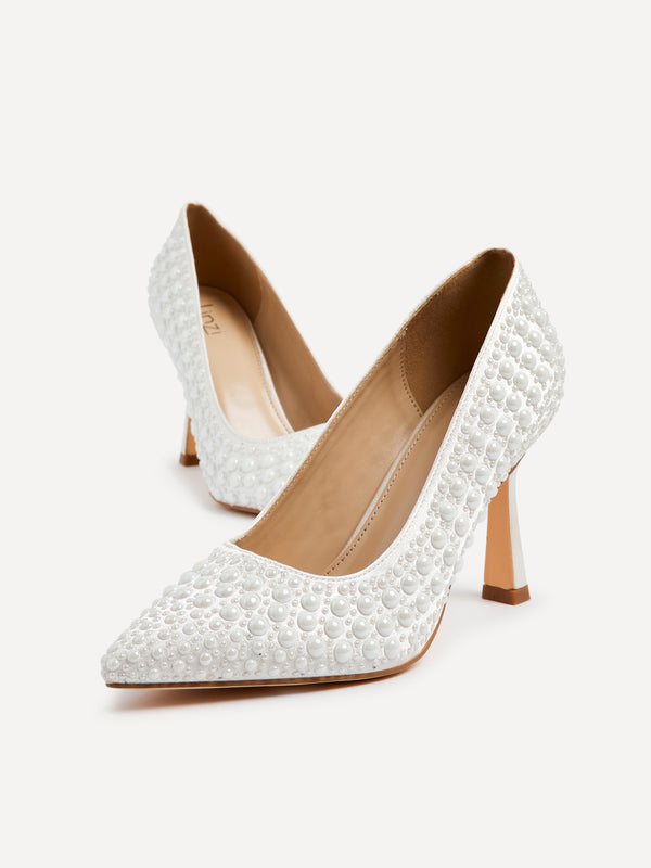Linzi Bridal Ivory Satin Hot Fix Pearl Court Heels