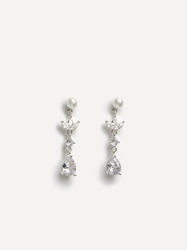Linzi Bridal Silver Pearl Crystal Drop Earrings