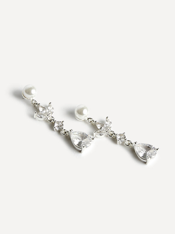 Linzi Bridal Silver Pearl Crystal Drop Earrings