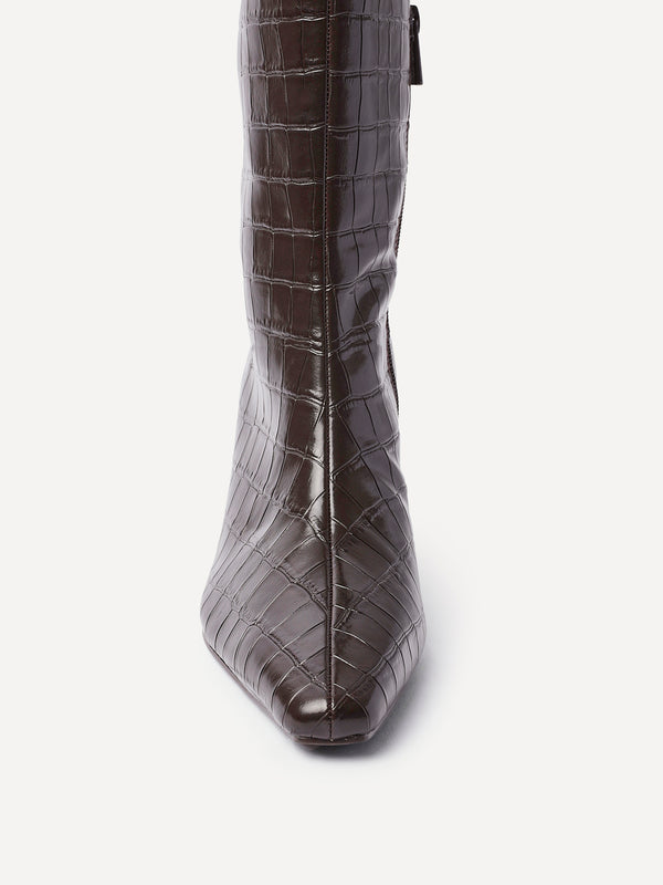 Linzi Brown Faux Croc Knee High Boot