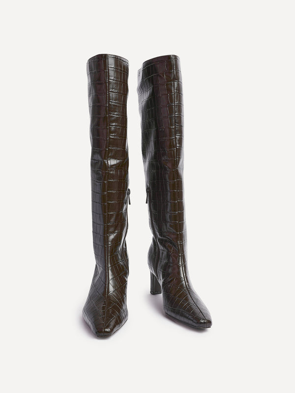 Linzi Brown Faux Croc Knee High Boot