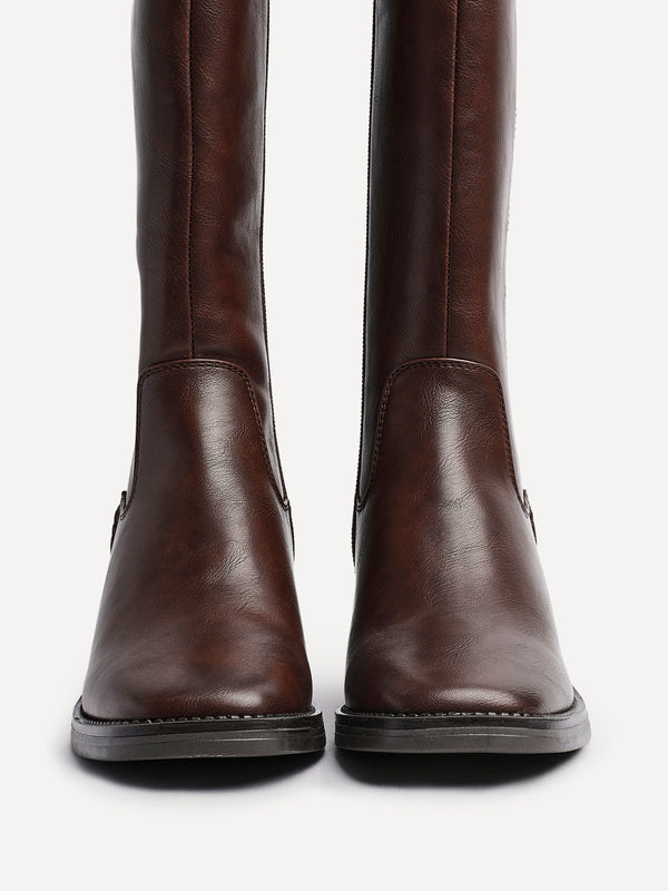 Linzi Brown Faux Leather Block Heel High Leg Boot