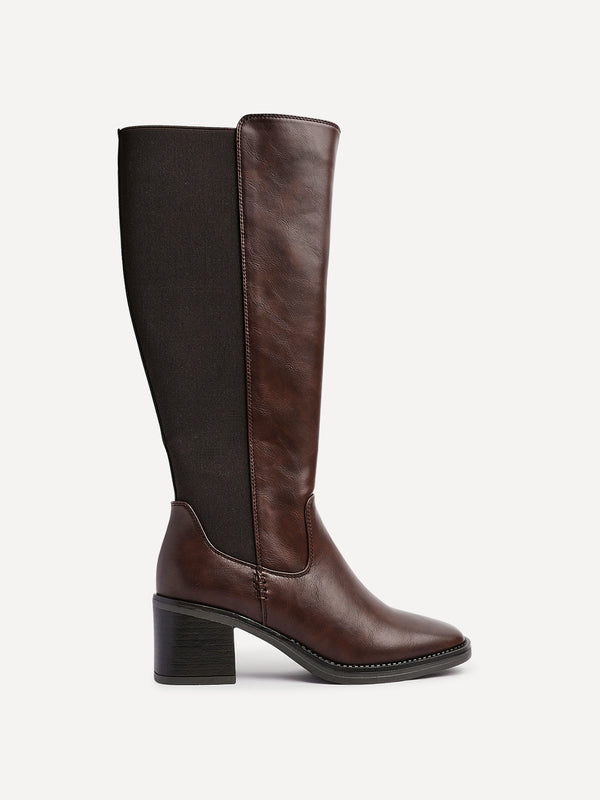 Linzi Brown Faux Leather Block Heel High Leg Boot
