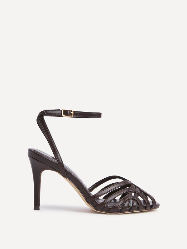 linzi Brown Faux Leather Caged Stiletto Heel