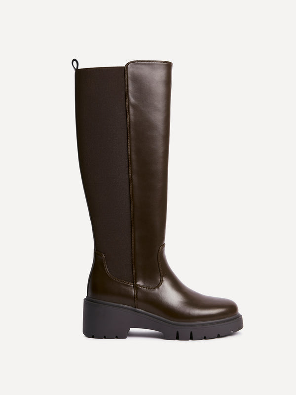 Linzi Brown Faux Leather High Leg Wedge Boot