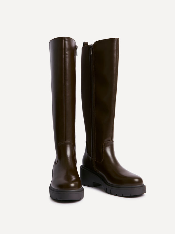 Linzi Brown Faux Leather High Leg Wedge Boot