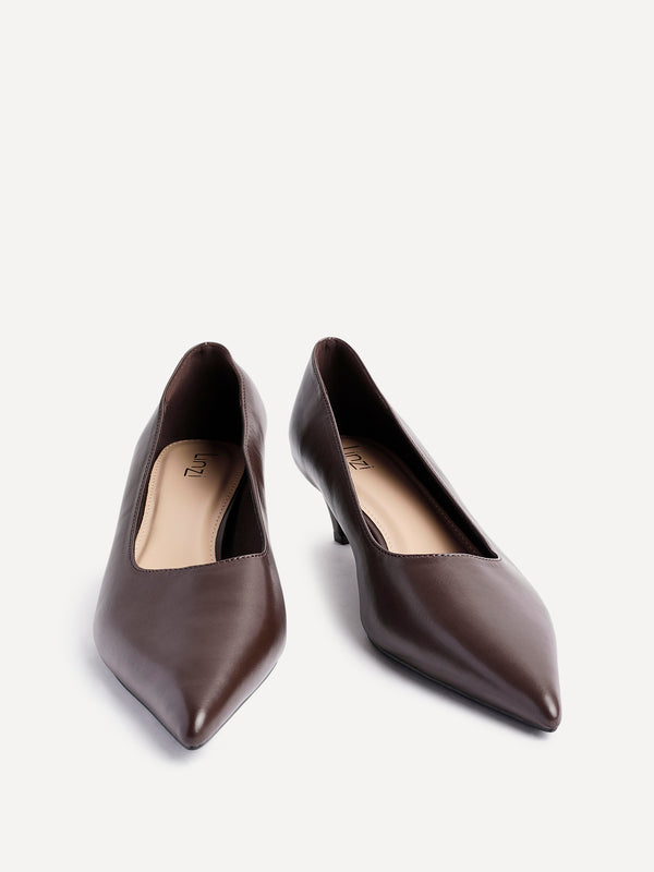 Linzi Brown Faux Leather Kitten Court Heel