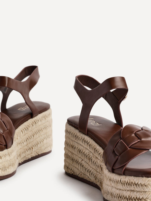 Linzi Brown Faux Leather Plaited Platform Wedge