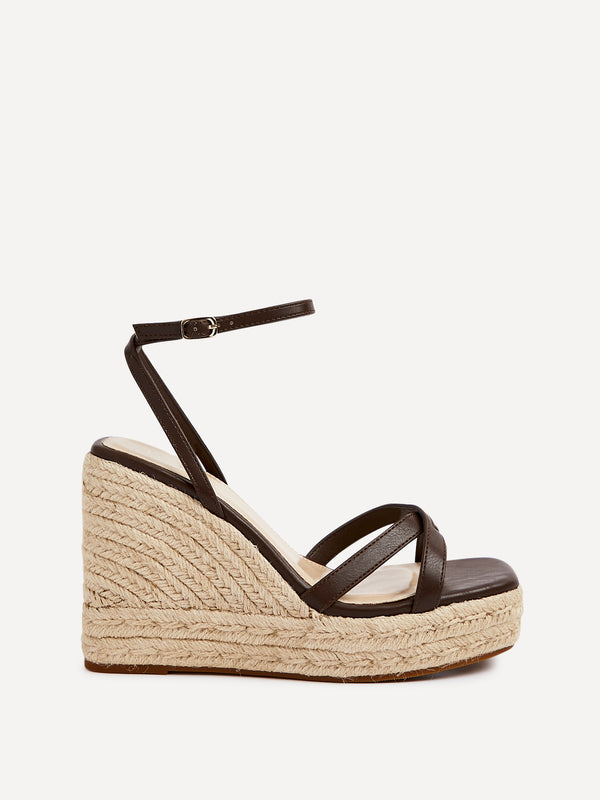 Linzi Brown Faux Leather Strappy Rope Wedge