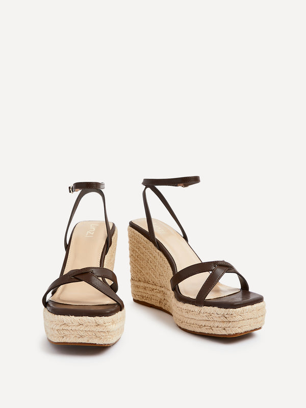 Linzi Brown Faux Leather Strappy Rope Wedge