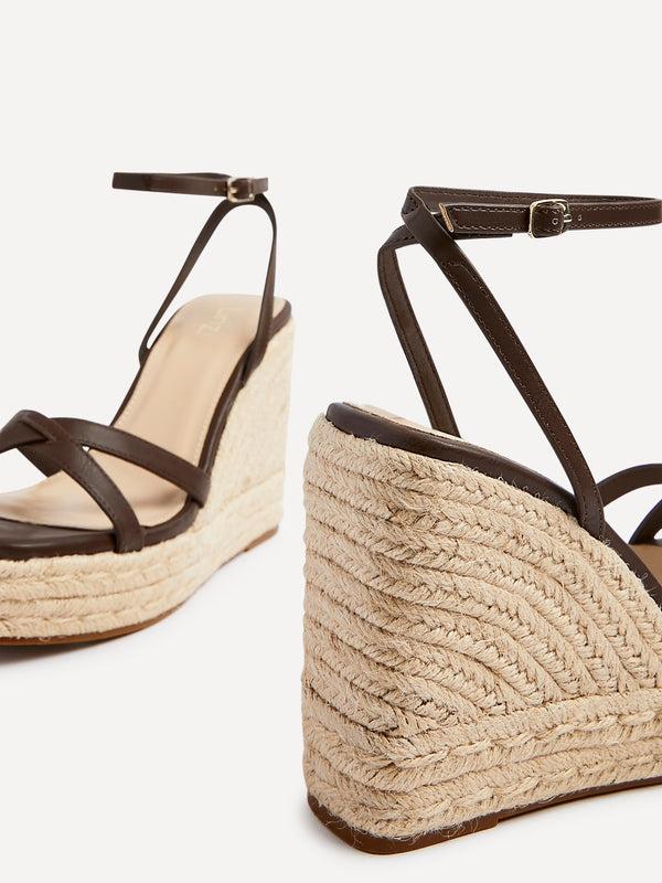 Linzi Brown Faux Leather Strappy Rope Wedge