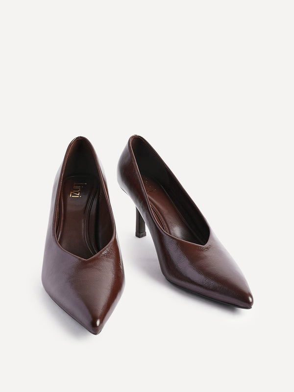 Linzi Brown Faux Leather V-Cut Vamp Court Heels