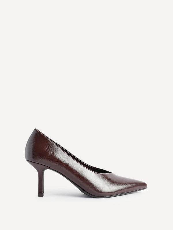 Linzi Brown Faux Leather V-Cut Vamp Court Heels