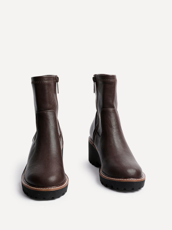Linzi Brown Faux Leather Wedged Heel Ankle Boot