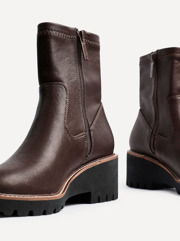 Linzi Brown Faux Leather Wedged Heel Ankle Boot