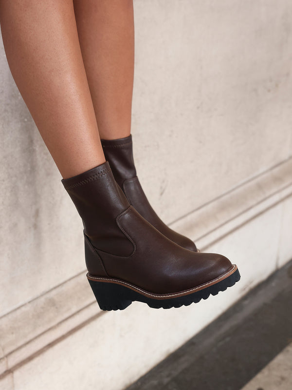 linzi Brown Faux Leather Wedged Heel Ankle Boot