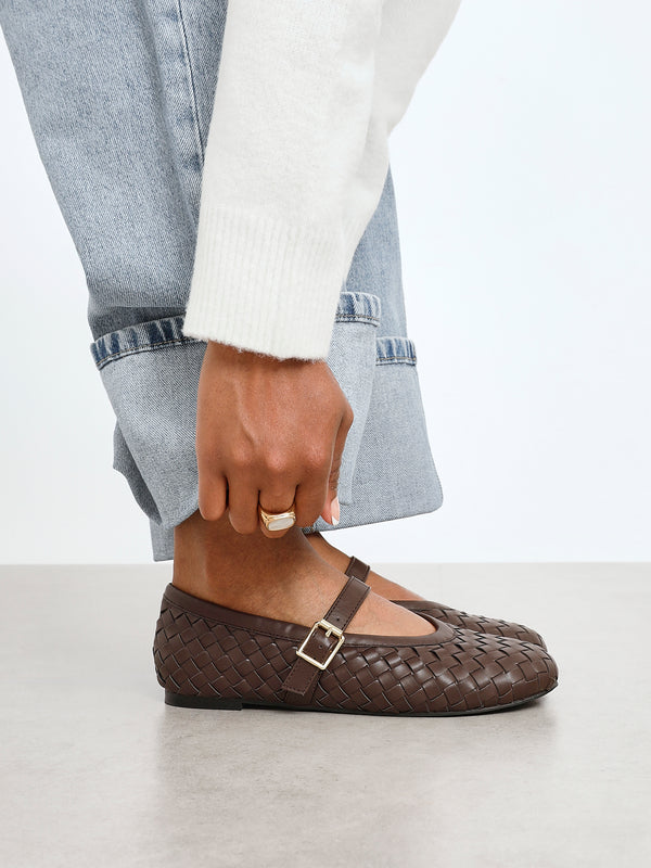 linzi Brown Faux Leather Woven Mary Jane Pump