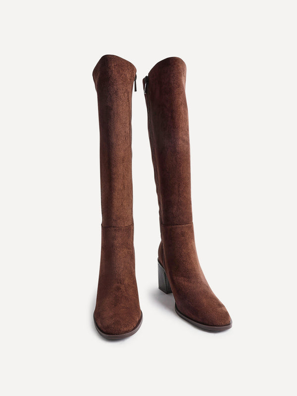 Linzi Brown Faux Suede Block Heeled High Leg Boot