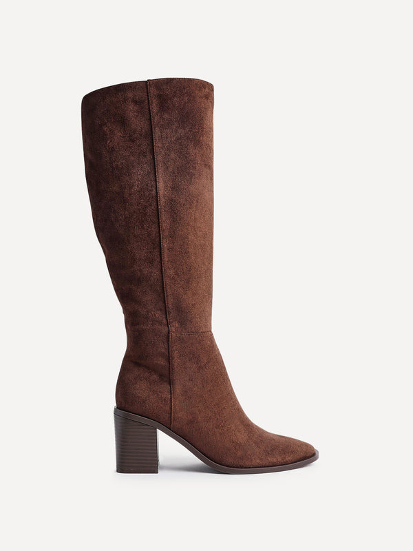 Linzi Brown Faux Suede Block Heeled High Leg Boot