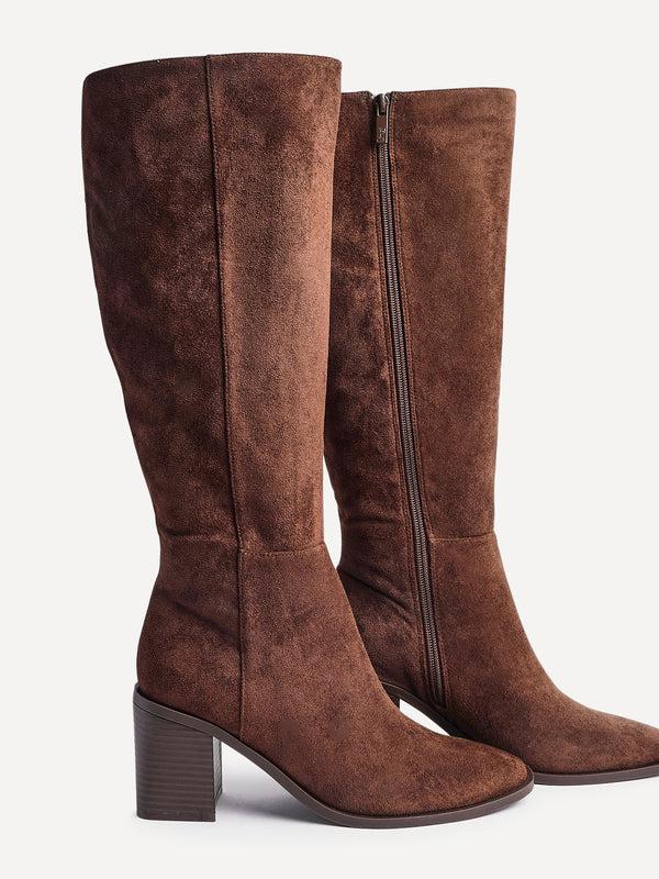 Linzi Brown Faux Suede Block Heeled High Leg Boot