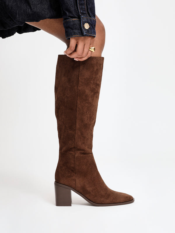 linzi Brown Faux Suede Block Heeled High Leg Boot
