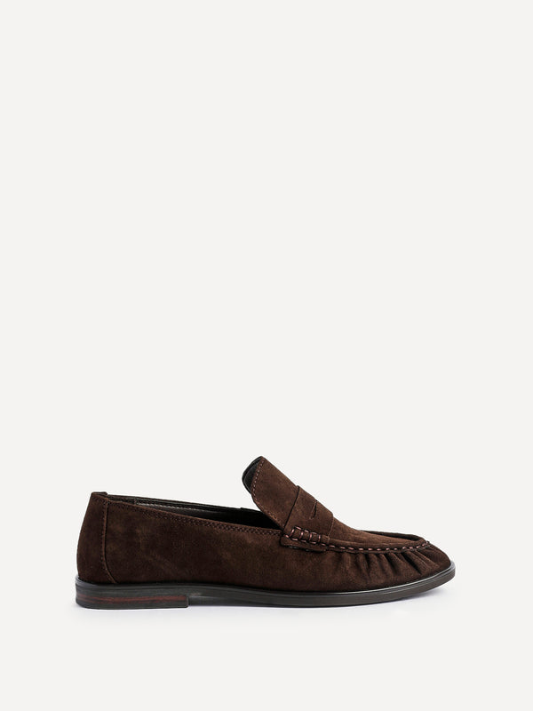 Linzi Brown Suede Leather Ruched Loafer