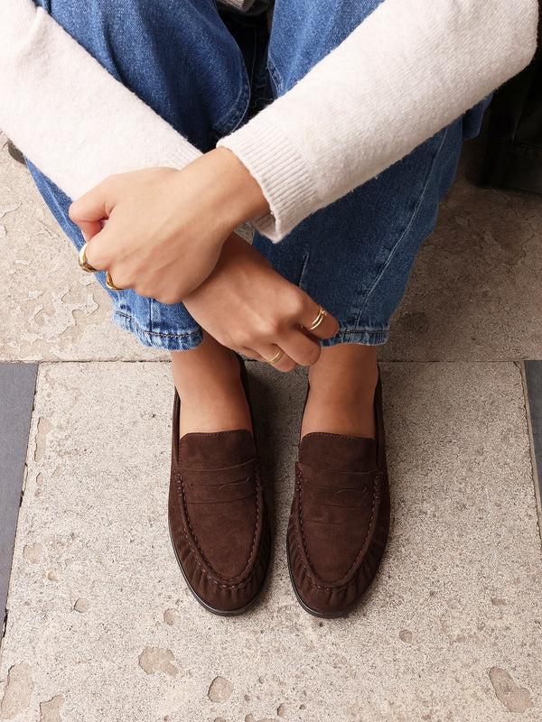 linzi Brown Suede Leather Ruched Loafer