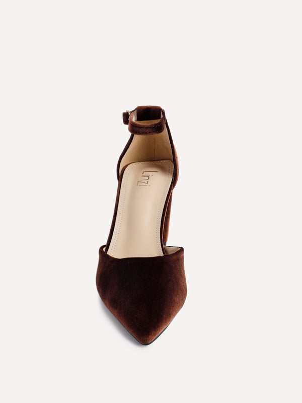 Linzi Brown Velvet Pointed Block Heel Courts