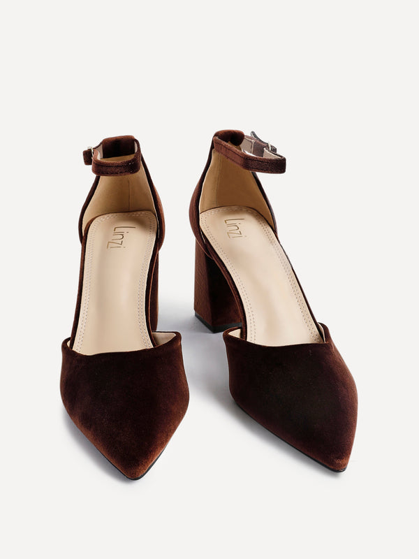 Linzi Brown Velvet Pointed Block Heel Courts
