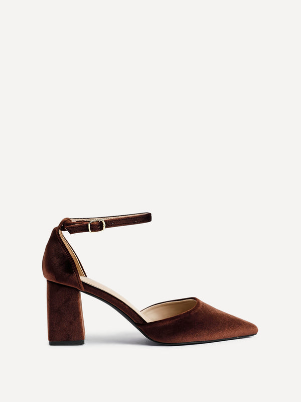 Linzi Brown Velvet Pointed Block Heel Courts