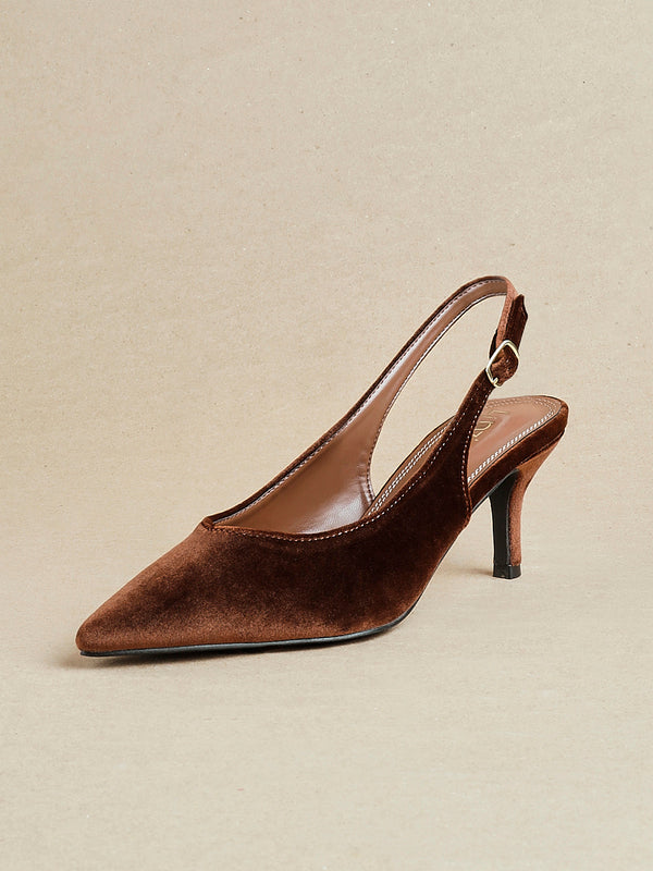linzi Brown Velvet Pointed Slingback Court Heels