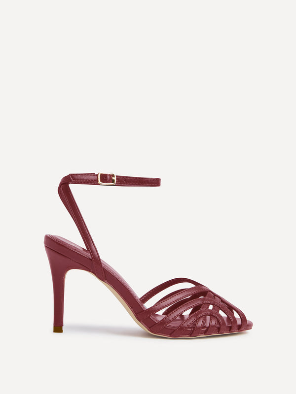 Linzi Burgundy Faux Leather Caged Stiletto Heel