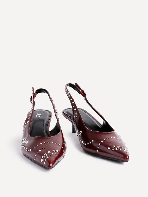 Linzi Burgundy Faux Leather Studded Kitten Heels