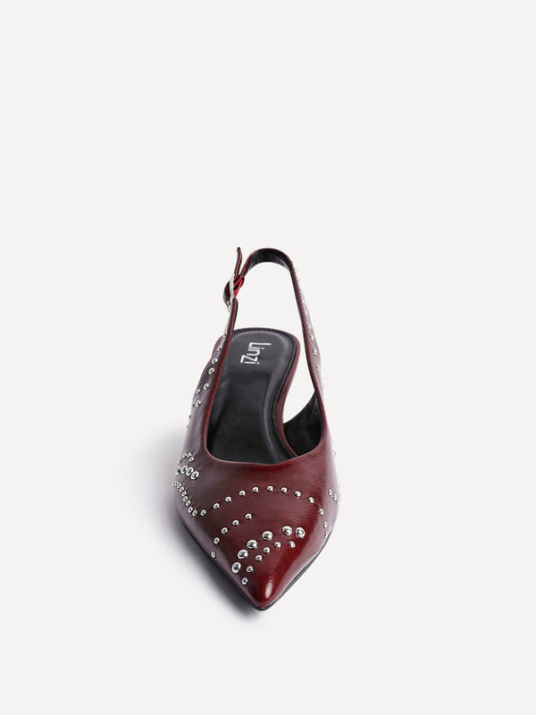Linzi Burgundy Faux Leather Studded Kitten Heels