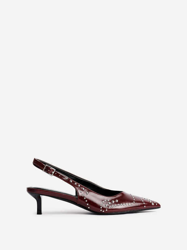Linzi Burgundy Faux Leather Studded Kitten Heels