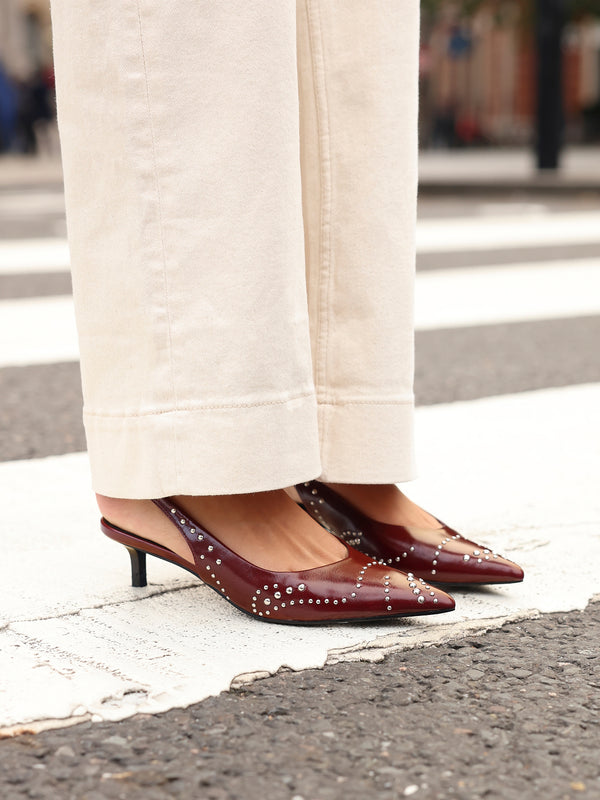 linzi Burgundy Faux Leather Studded Kitten Heels