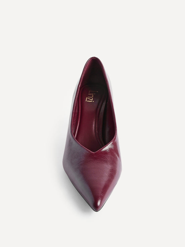 Linzi Burgundy Faux Leather V-Cut Vamp Court Heels